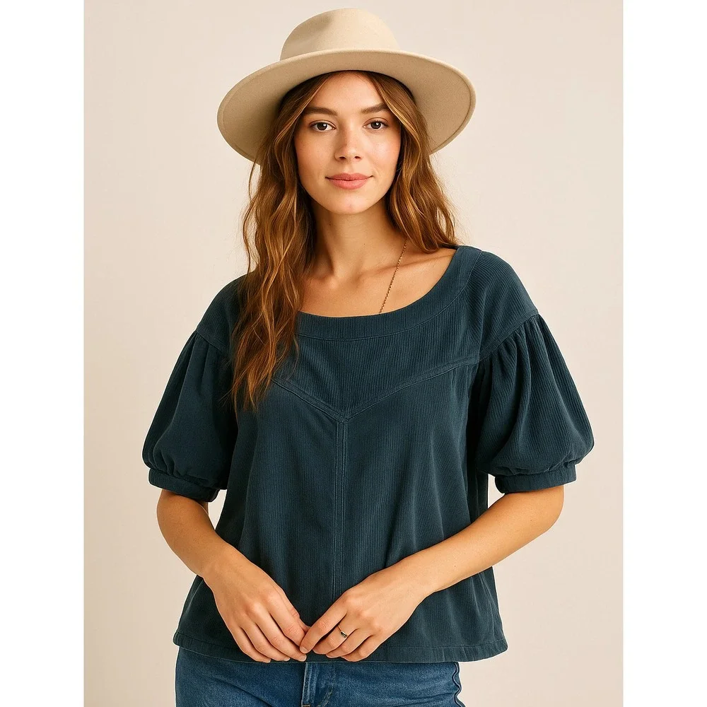 Free People‎ Finewell Corduroy Top Large Navy Boho Peasant Cottage Preppy Twee